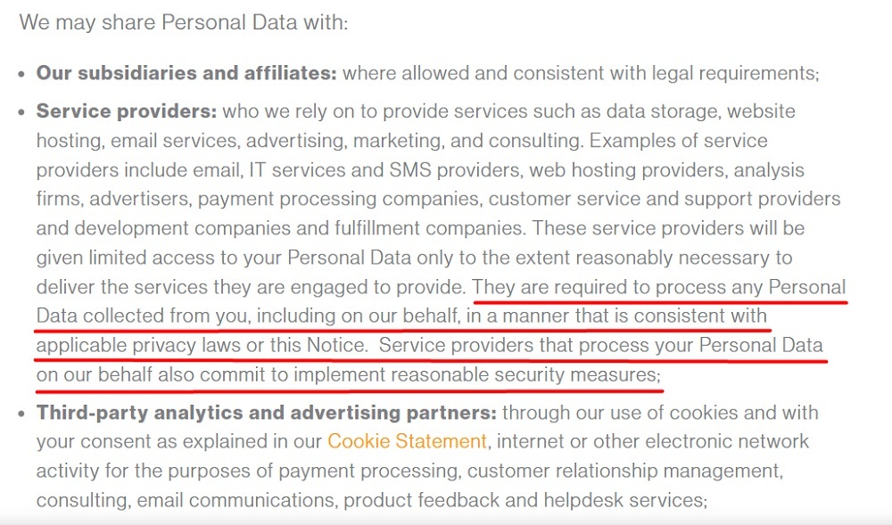 Perrigo Privacy Policy: Who we may share personal data with clause excerpt