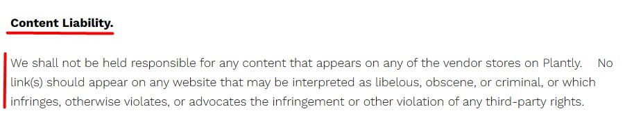 Plantly io Terms and Conditions: Content Liability clause