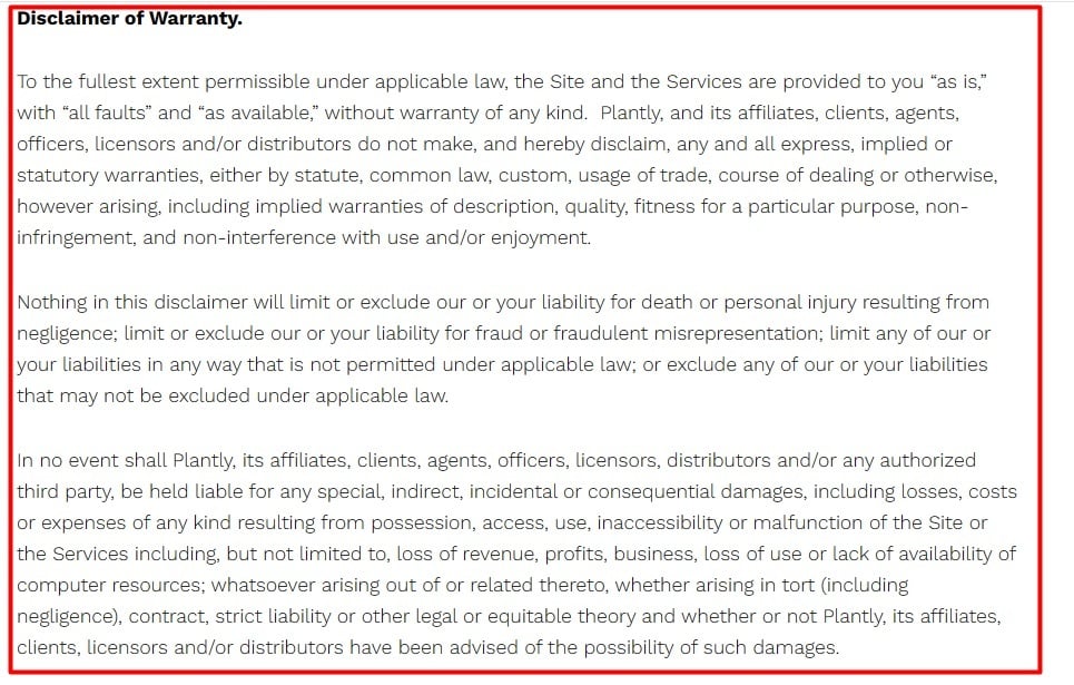 Plantly io Terms and Conditions: Disclaimer of Warranty clause