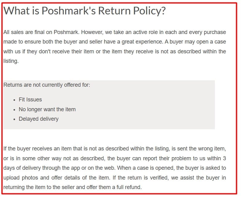 Poshmark Return Policy summary
