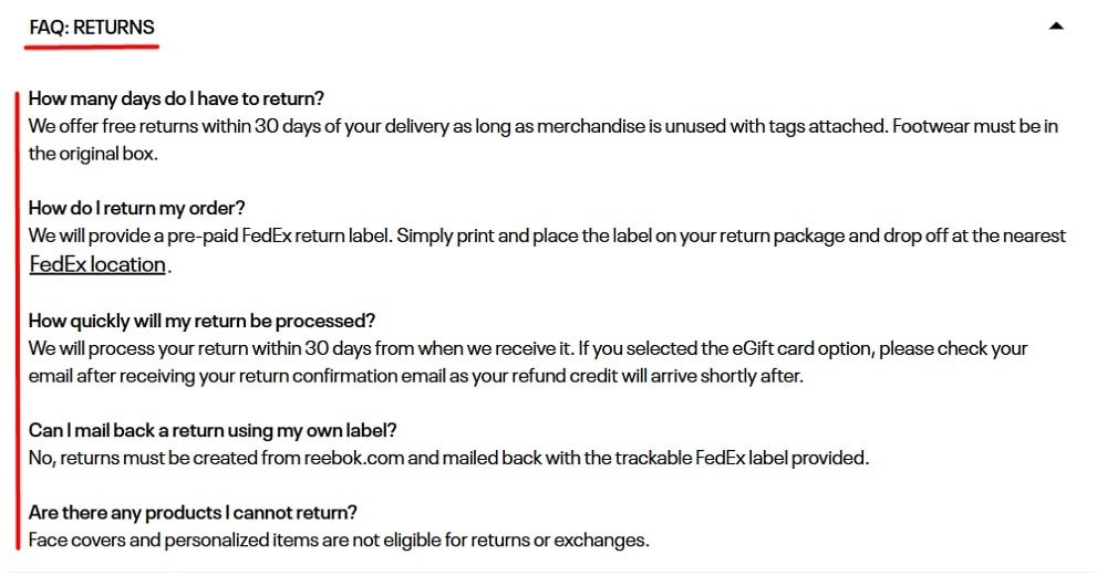 Reebok FAQ: Returns excerpt