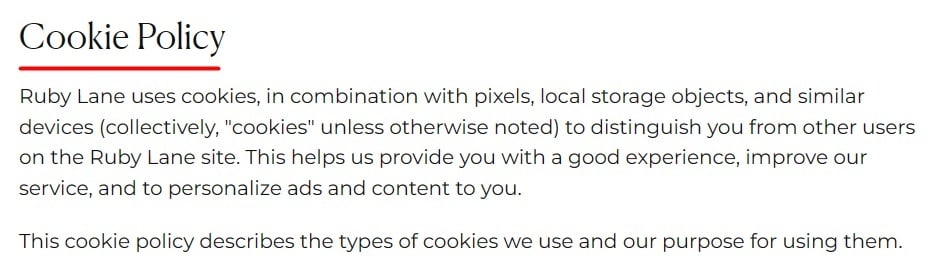 Ruby Lane Cookie Policy intro section
