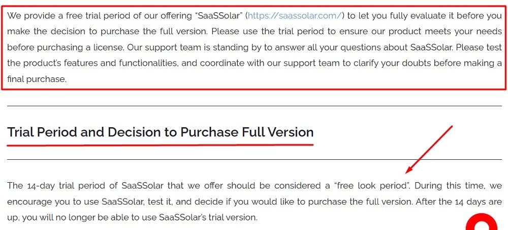 SaaSSolar Returns and Cancellations Policy: Trial Period and Decision to Purchase Full Version section