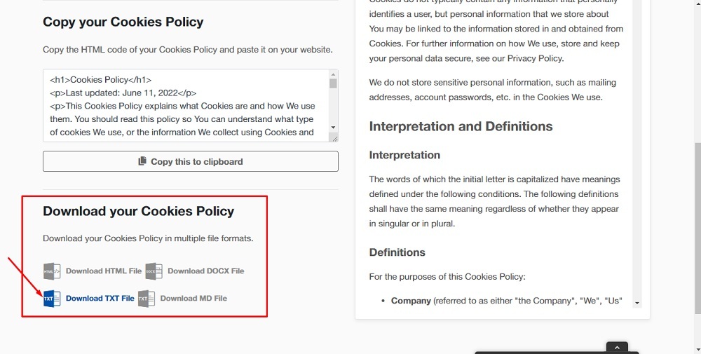 TermsFeed App: Cookies Policy Download page - Download your Cookies Policy - TXT file highlighted