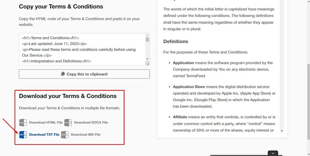 TermsFeed App: Terms and Conditions Download page - Download your Terms and Conditions - TXT file highlighted