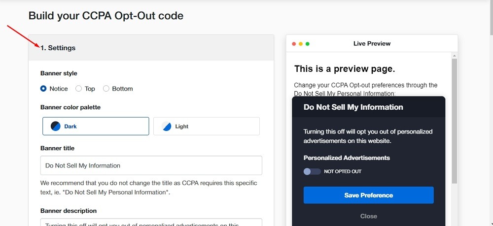 TermsFeed Free CCPA Opt-Out Builder: Step 1 with options highlighted