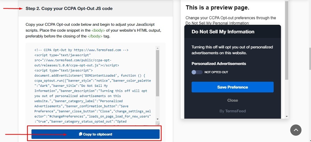 TermsFeed Free CCPA Opt-Out Builder: Step 2 - Copy your CCPA Opt-Out JS code  highlighted