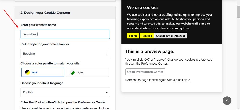 TermsFeed Free Cookie Consent Builder: Step 2 - Enter name of website - TermsFeed highlighted