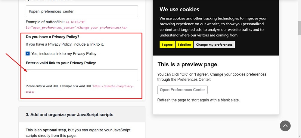 TermsFeed Free Cookie Consent Builder: Step 2 - Include a link to your Privacy Policy URL highlighted