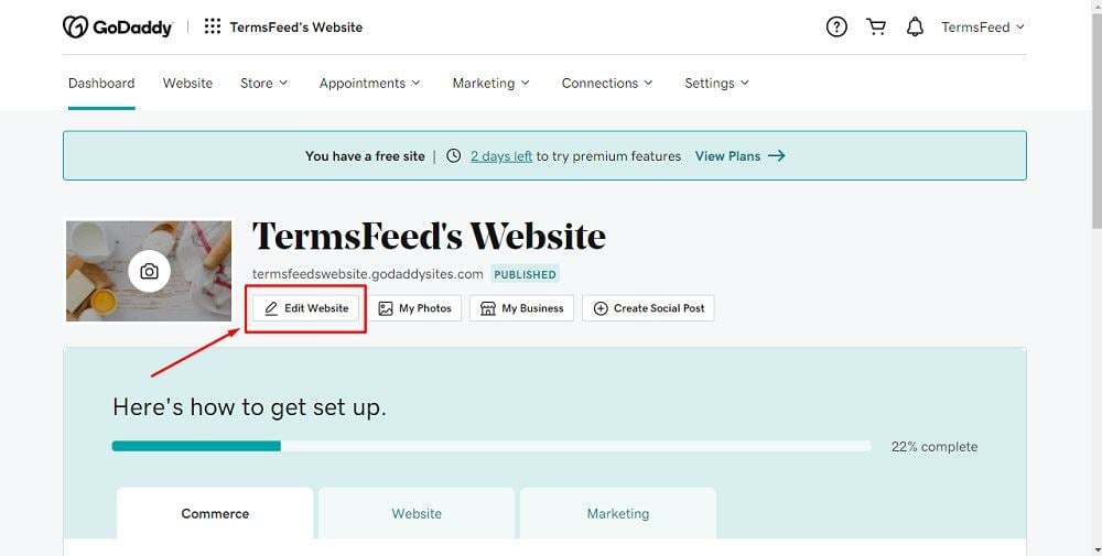 TermsFeed GoDaddy: Dashboard with Edit Website option highlighted