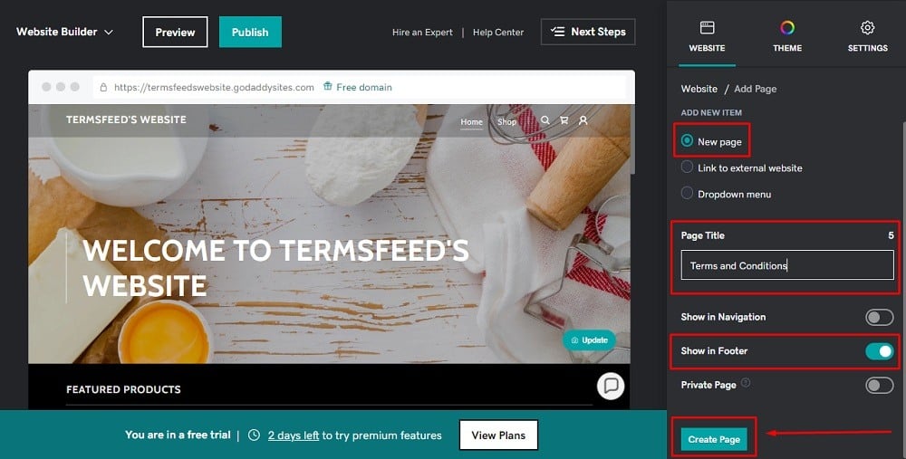 TermsFeed GoDaddy: Website Builder - Add new Item - New Page - Terms and Conditions - and options for adding Page Title, Show in Footer toggled and Create Page button highlighted