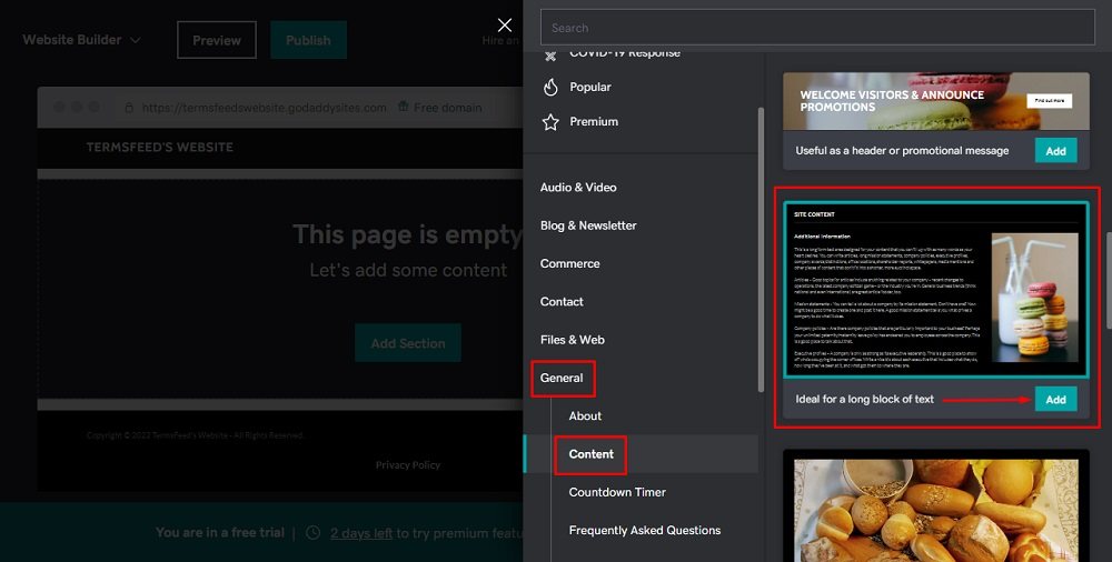 TermsFeed GoDaddy: Website Builder - Privacy Policy page with Add Section menu - General, Content, Ideal for long blocks of text with Add button highlighted