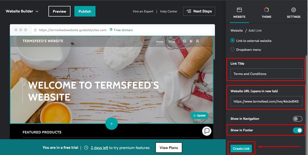 TermsFeed GoDaddy: Website Builder - Add Link options - Link Title - Terms and Conditions - and Website URL, Show in Footer and Create Link button highlighted