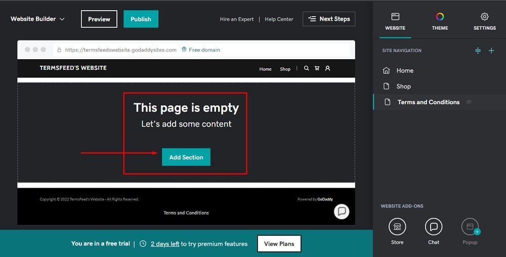 TermsFeed GoDaddy: Website Builder - Newly created empty Terms and Conditions page with Add Section button highlighted