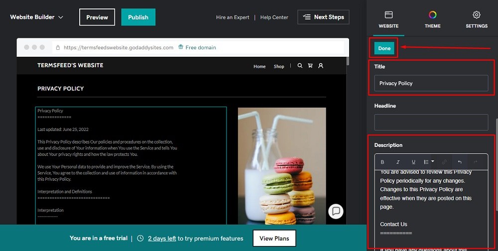 TermsFeed GoDaddy: Website Builder - Privacy Policy page with added section edited and Done button highlighted