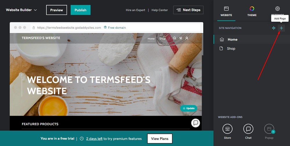 TermsFeed GoDaddy: Website Builder - Site Menu with plus add new page option highlighted