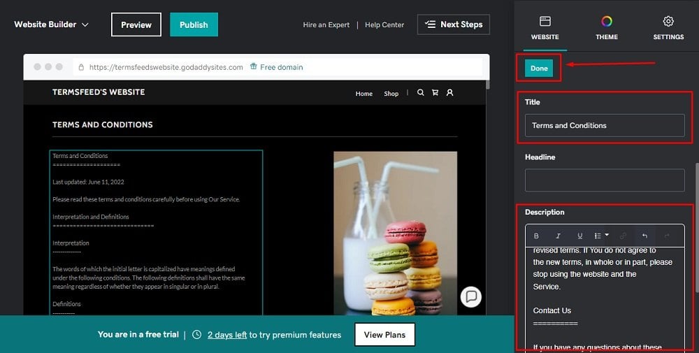 TermsFeed GoDaddy: Website Builder - Terms and Conditions page with added section edited and Done button highlighted