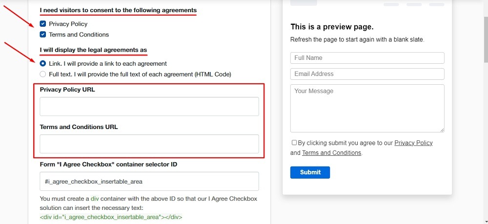 TermsFeed Free Tool -  I agree checkbox: Step 1 - Adjust settings - choose the agreements and link option to display them
