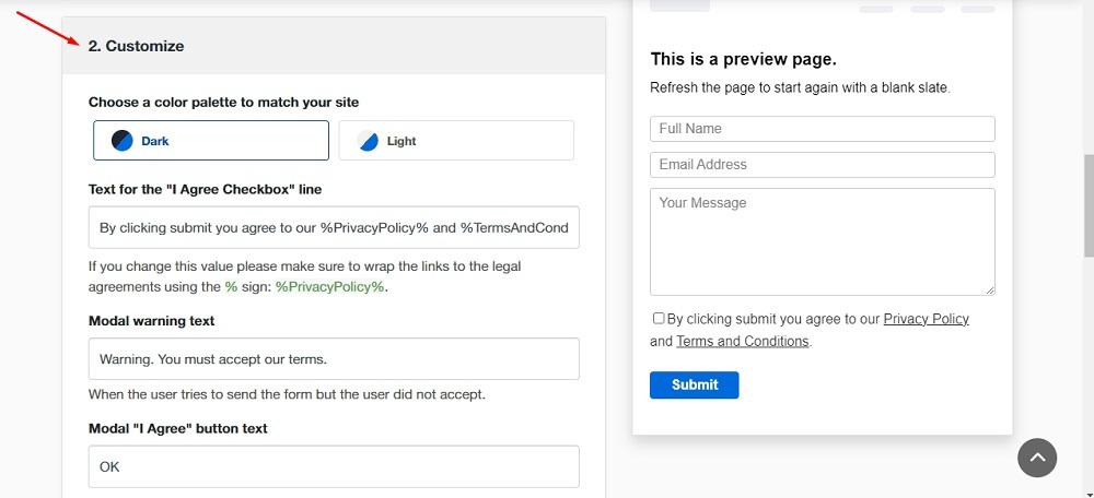 TermsFeed Free Tool -  I agree checkbox: Step 2 - Customize options screenshot