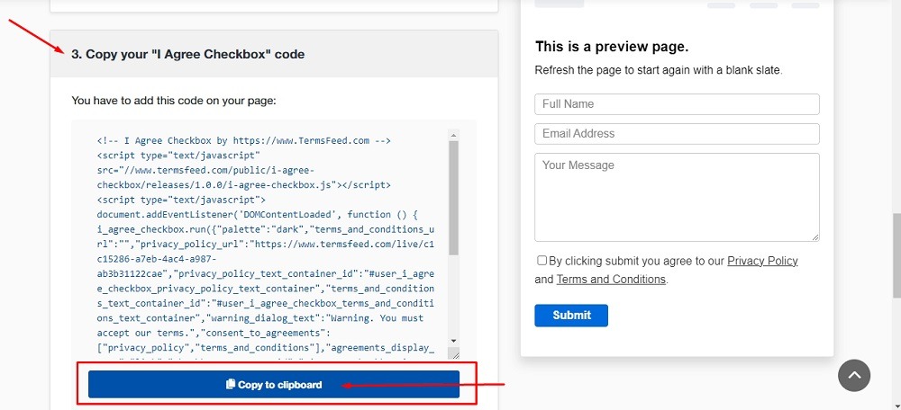 TermsFeed Free Tool -  I agree checkbox: Step 3 - Copy your I agree Checkbox code highlighted