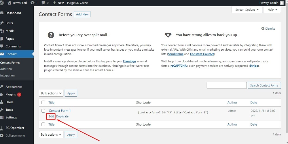 TermsFeed WordPress: Contact - Contact Forms with Edit option highlighted
