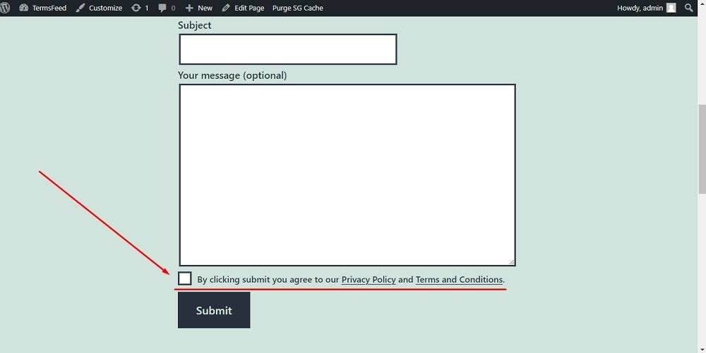 TermsFeed WordPress: Screenshot of the example page with the form that has I agree Checkbox and necessary text added before submit button