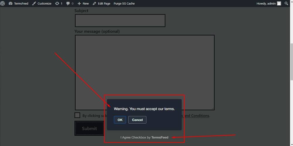 TermsFeed WordPress: Screenshot of the example page with warning message that is displayed if user do not tick checkbox from our free tool highlighted