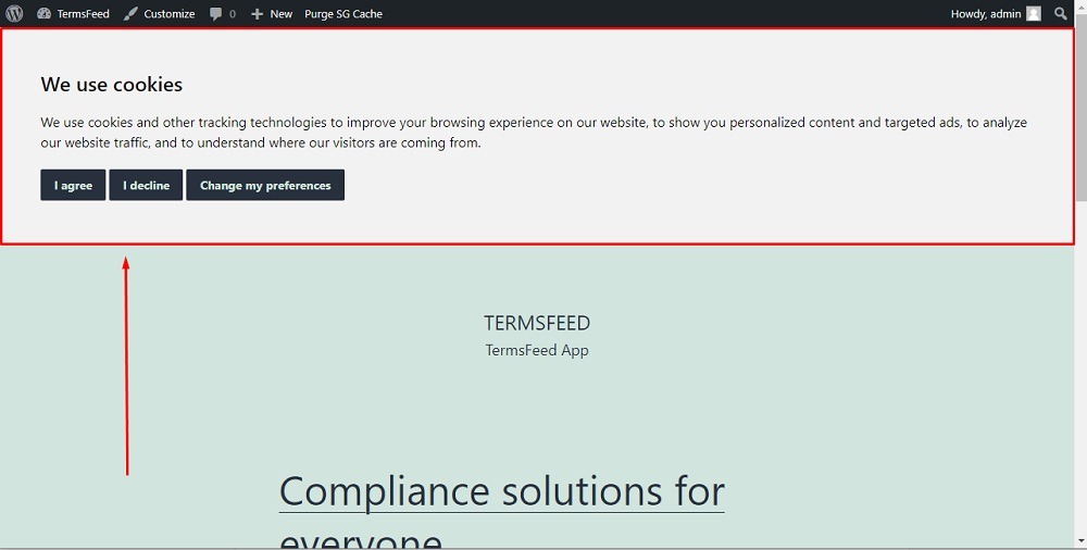 TermsFeed WordPress: The Preview of Cookie Consent with Light version highlighted