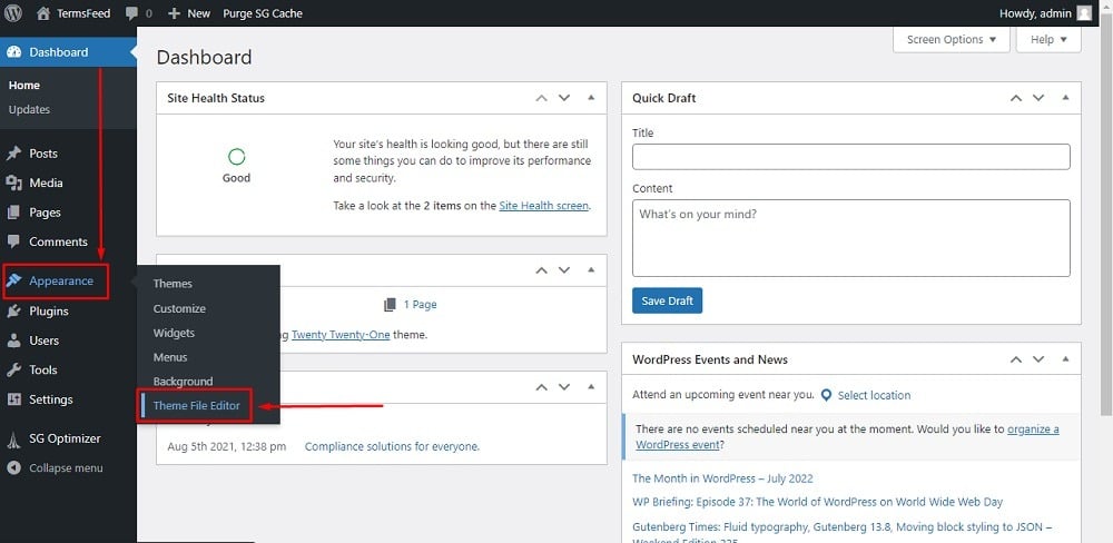 TermsFeed WordPress: Dashboard - Appearance with Theme File Editor option highlighted