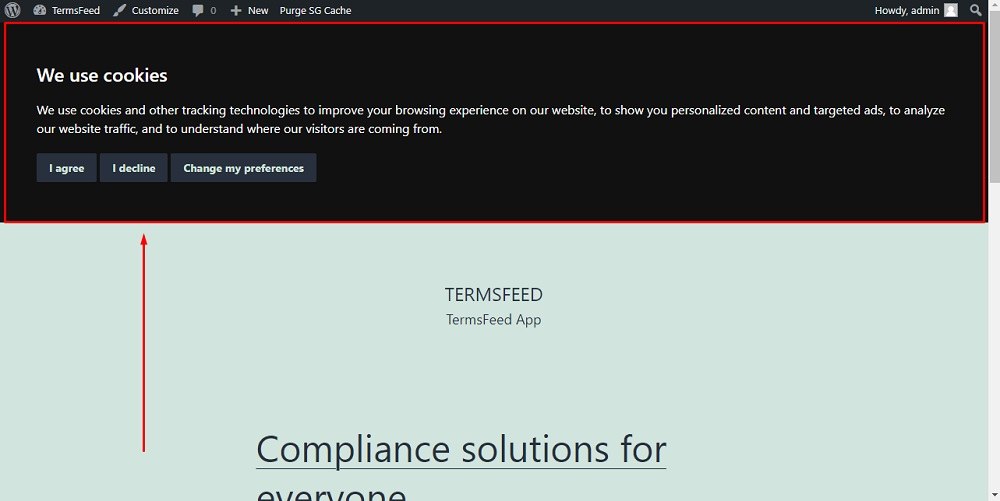 TermsFeed WordPress: Dashboard - Preview option with Cookie Consent Notice highlighted