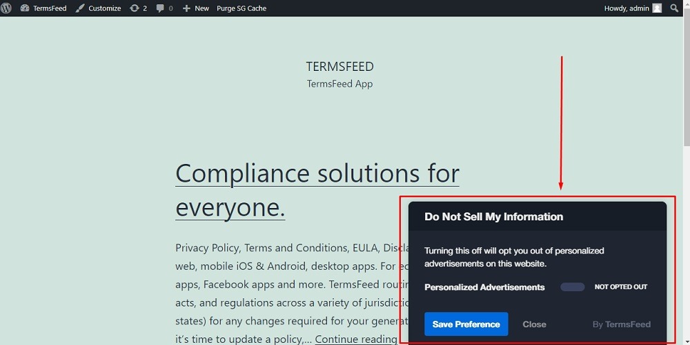 TermsFeed WordPress: Dashboard - Preview option with Do Not Sell My Personal Information  Notice with Opt-Out option highlighted