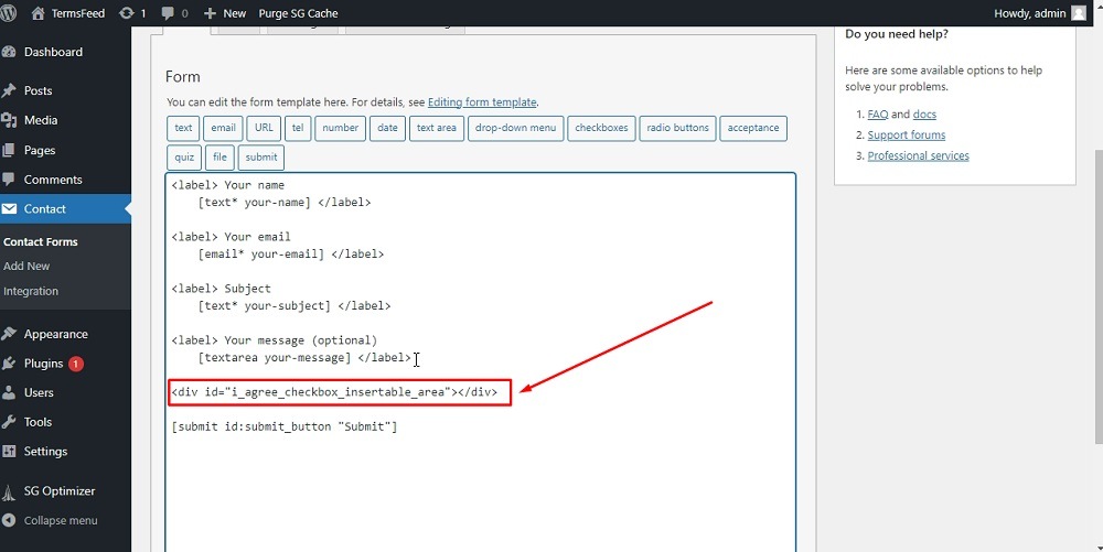 TermsFeed WordPress: Contact Forms - Edit Contact Form editor - The Form section editor with added I Agree Checkbox container before Submit button highlighted