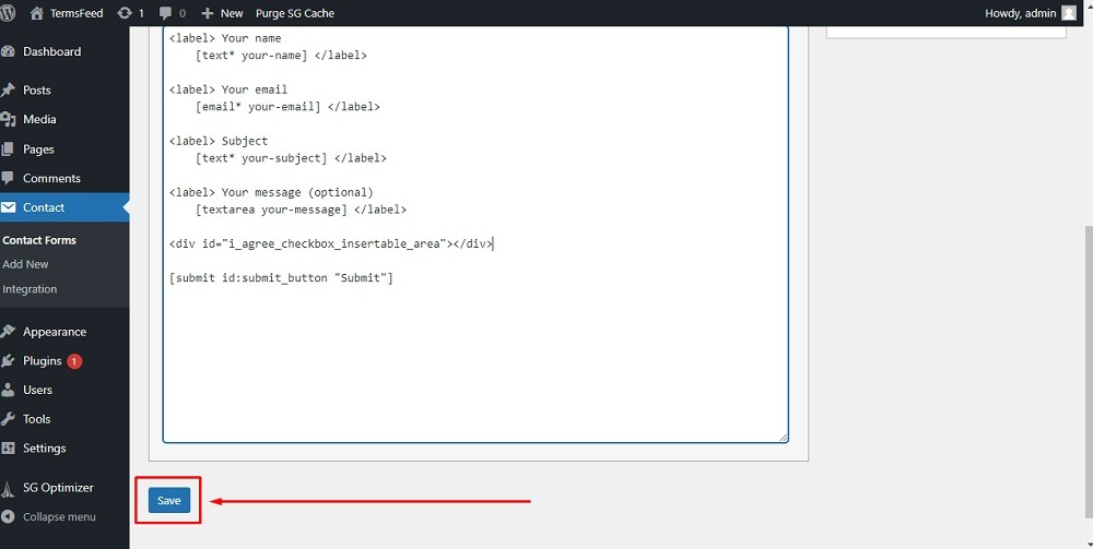 TermsFeed WordPress: Contact Forms - Edit Contact Form editor - The Form section editor with added I Agree Checkbox container before Submit button highlighted
