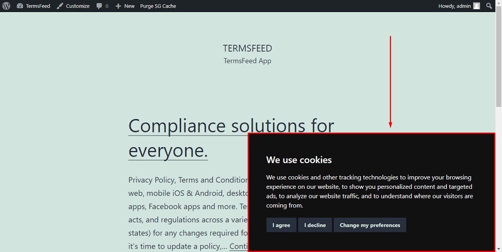 TermsFeed WordPress: The Preview of Cookie Consent banner - Type Simple highlighted