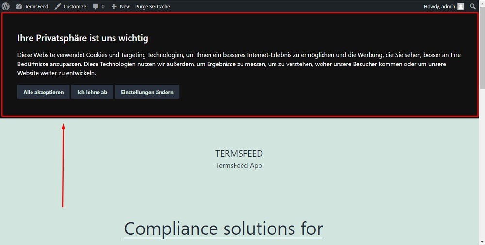 TermsFeed WordPress: The preview of Cookie Consent code with German language highlighted