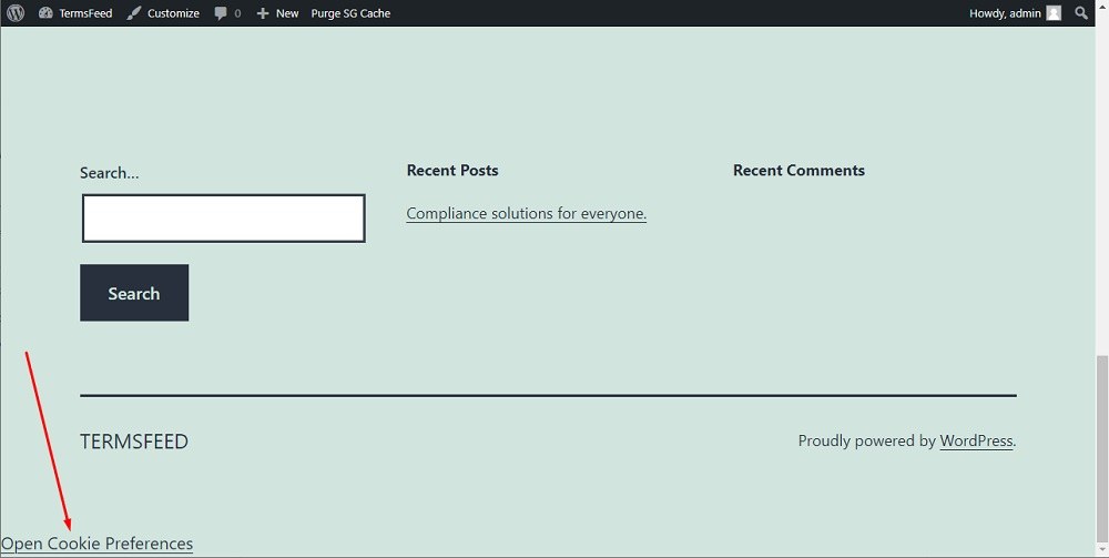 TermsFeed WordPress: Preview Cookie Consent with Open Preferences Center link highlighted