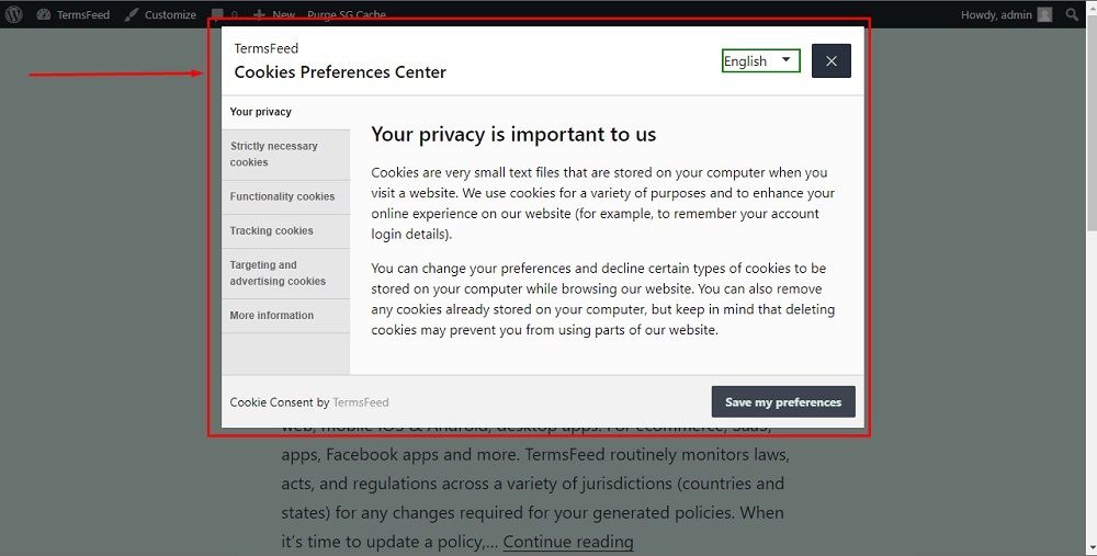 TermsFeed WordPress: Preferences Center of Cookie Consent highlighted