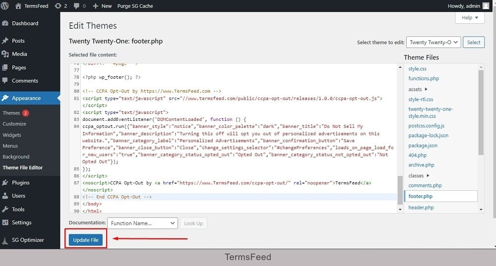 TermsFeed WordPress: Theme File - footer.php with CCPA Opt-Out code added with Update File option highlighted