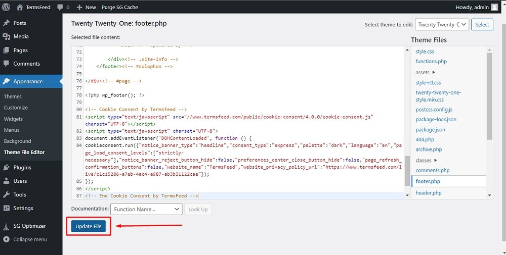 TermsFeed WordPress: Theme File - footer.php with Cookie Consent code added highlighted