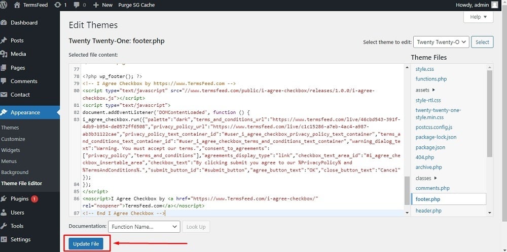 TermsFeed WordPress: Theme File - footer.php with I agree Checkbox code added and Update File button highlighted