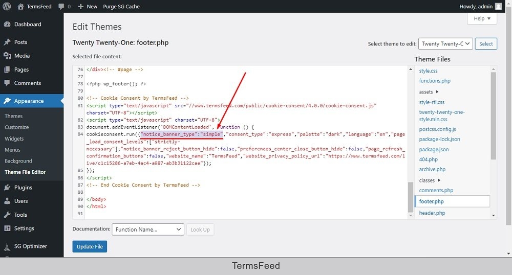 TermsFeed WordPress:Theme File with footer.php and Cookie Consent code banner type simple param highlighted