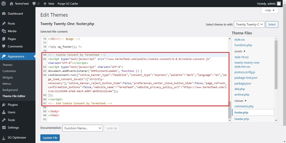 TermsFeed WordPress:Theme File with footer.php and Cookie Consent code highlighted