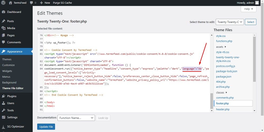 TermsFeed WordPress:Theme File with footer.php and Cookie Consent code with language parameter highlighted