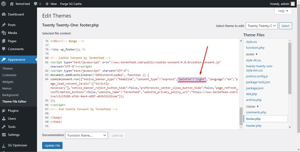 TermsFeed WordPress: Theme File with footer.php and Cookie Consent code with palette param highlighted