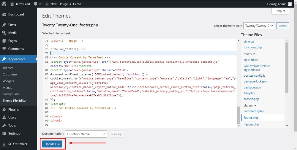 TermsFeed WordPress:Theme File with footer.php and Cookie Consent code - Update file button highlighted
