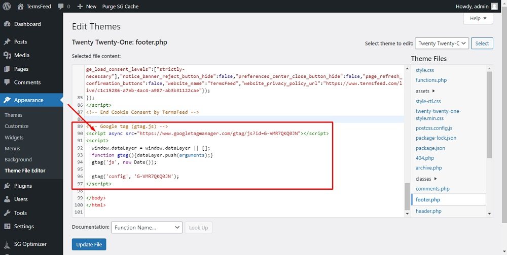 TermsFeed WordPress: Theme File - footer.php - GA script highlighted