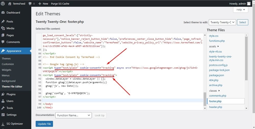 TermsFeed WordPress: Theme File - footer.php with GA script modified for Cookie Consent highlighted