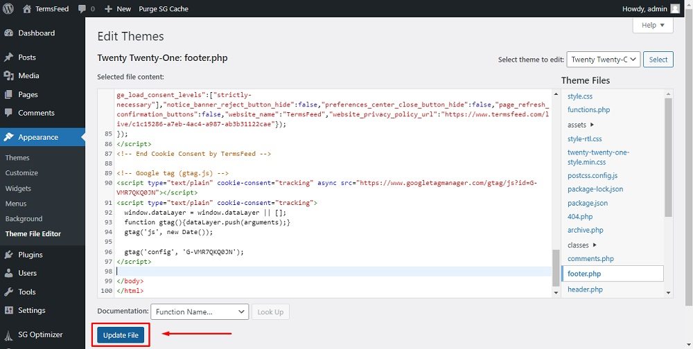 TermsFeed WordPress: Theme File - footer.php with GA script modified for Cookie Consent - Update file button highlighted
