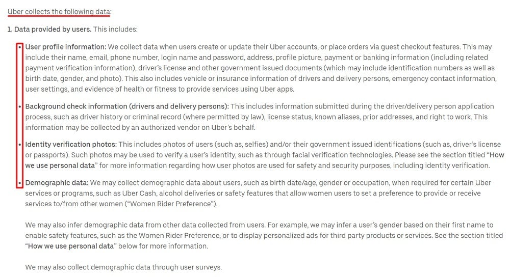 Uber Privacy Notice: Data collections and uses clause - Data provided by users section