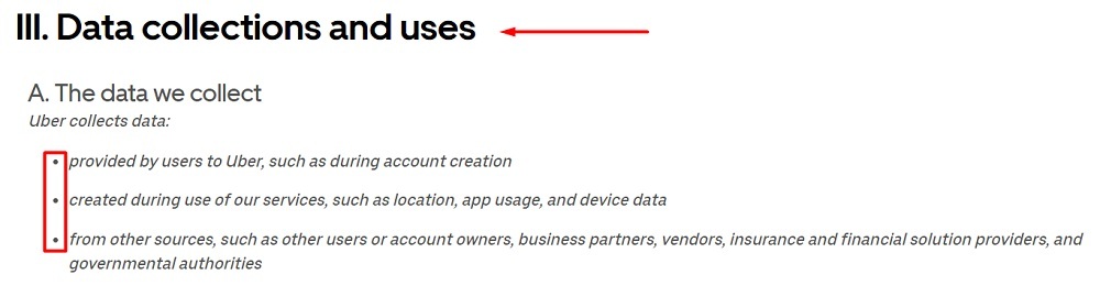 Uber Privacy Notice: Data collections and uses clause